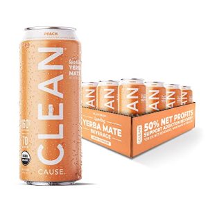 CLEAN Cause Low Calorie Peach USDA Organic Sparkling Yerba Mate Tea - Healthy Low Sugar Beverage for Low Calorie Snack