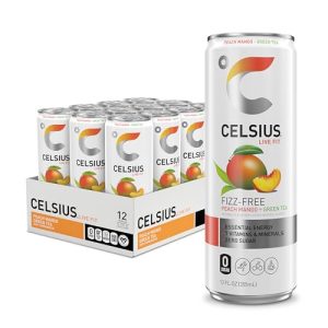 CELSIUS Peach Mango Green Tea Functional Essential Energy Drink for Busy Professionals 12 Fl Oz (Pack of 12) | CELSIUS