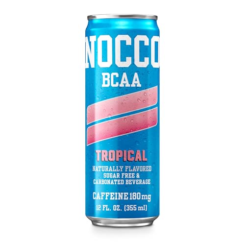 NOCCO BCAA Energy Drink Tropical Flavor - Sugar Free, 12 Fl Oz (Pack of 12) - 180mg Caffeine, Low Calorie, BCAAs & Vitam
