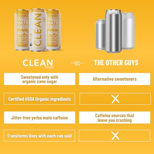 NEW! CLEAN Cause Organic Yerba Mate Tea Variety Pack (15.5oz cans, 12-Pack Case) Non-Carbonated, 160mg Caffeine USDA Org