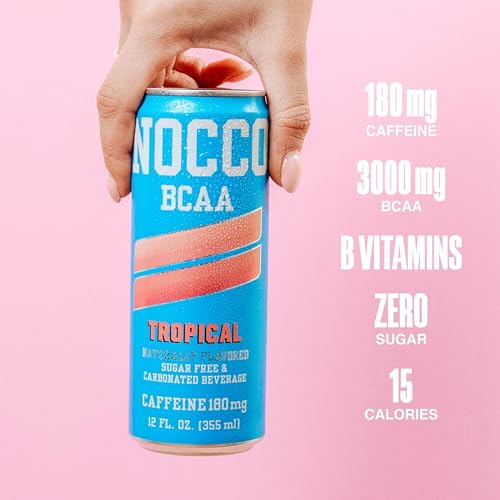 NOCCO BCAA Energy Drink Tropical Flavor - Sugar Free, 12 Fl Oz (Pack of 12) - 180mg Caffeine, Low Calorie, BCAAs & Vitam