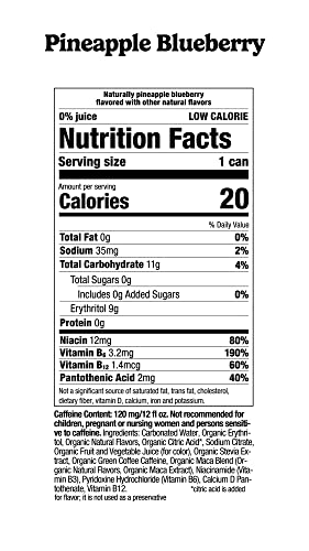 Machu Picchu Zero Sugar Energy Drink, Organic Pineapple Blueberry, 12 fl oz - USDA Organic for Health-Conscious Athlete
