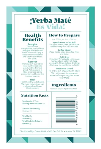 Organic Yerba Mate Tea for Unsmoked Aged Sin Palo Loose Leaf Drinking | Ganas Organic Aged Yerba Mate Tea - No Stems St