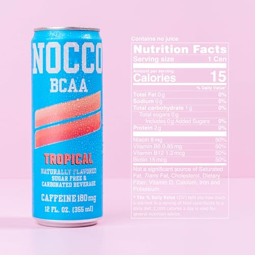 NOCCO BCAA Energy Drink Tropical Flavor - Sugar Free, 12 Fl Oz (Pack of 12) - 180mg Caffeine, Low Calorie, BCAAs & Vitam