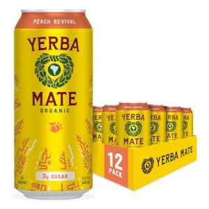 Yerba Madre Organic Peach Revitalizing Energy Drink, Low Sugar, Natural Caffeine, Smooth Energy, 15.5 Oz (Pack of 12)
