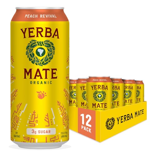 Yerba Madre Organic Peach Revitalizing Energy Drink, Low Sugar, Natural Caffeine, Smooth Energy, 15.5 Oz (Pack of 12)