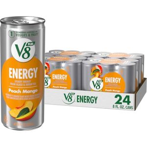 V8 Energy Peach Mango Juice Energy Drink for Active Adults on the Go, Office, Gym, 8 fl oz Can (24 Pack) V8 Energy Pea