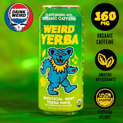 Grateful Dead Collab Weird Organic Mystical Mint Yerba Mate 16oz Cans, 160mg Organic Caffeine, Pack of 12, USDA Organic