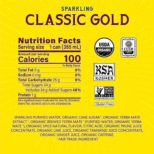 Yerba Madre Organic Yerba Mate 12oz Sparkling Clean Energy Drink Alternative Organic Classic Gold 120mg Caffeine USDA Or