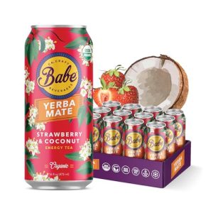 Babe Yerba Mate Organic Natural Energy Drink Alternative Strawberry Coconut 16oz (Pack of 12) 150mg USDA Organic Energiz