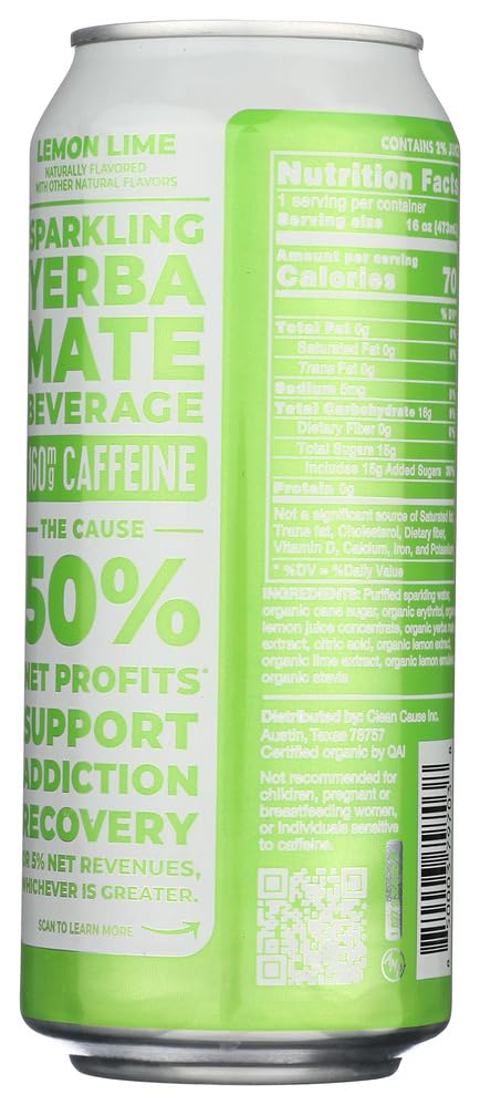 Clean Cause Yerba Mate Energy Drink for Active Adults in Lemon Lime Flavor, 16 oz, Organic | Clean Cause Yerba Mate Ene