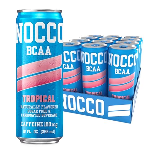NOCCO BCAA Energy Drink Tropical Flavor - Sugar Free, 12 Fl Oz (Pack of 12) - 180mg Caffeine, Low Calorie, BCAAs & Vitam