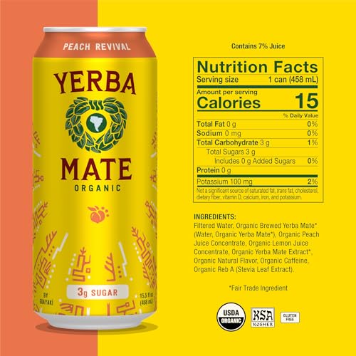 Yerba Madre Organic Peach Revitalizing Energy Drink, Low Sugar, Natural Caffeine, Smooth Energy, 15.5 Oz (Pack of 12)