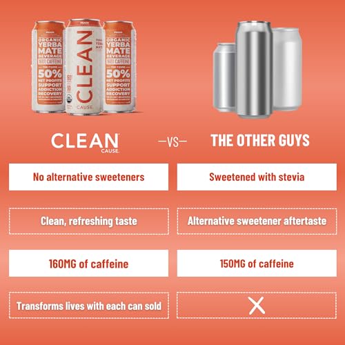 NEW! CLEAN Cause Peach USDA Organic Yerba Mate Tea (15.5oz Cans, 12-Pack Case) for Health-Conscious Consumers on-the-Go