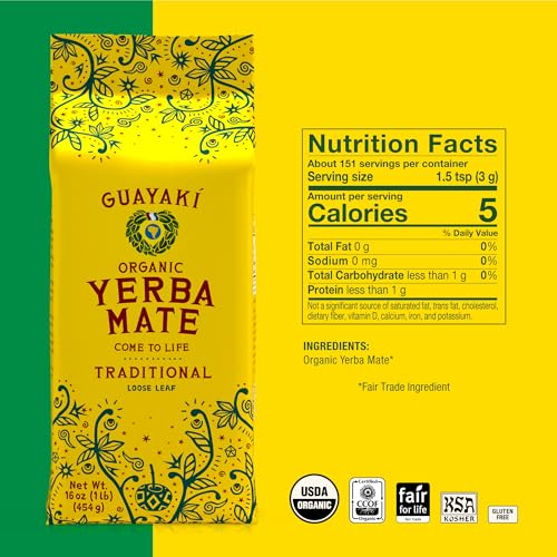 Guayakí Yerba Mate Organic Traditional Loose Leaf Perfect Hot Drink for Cold Weather Pack of 6 16 Oz 40mg Natural Caffei