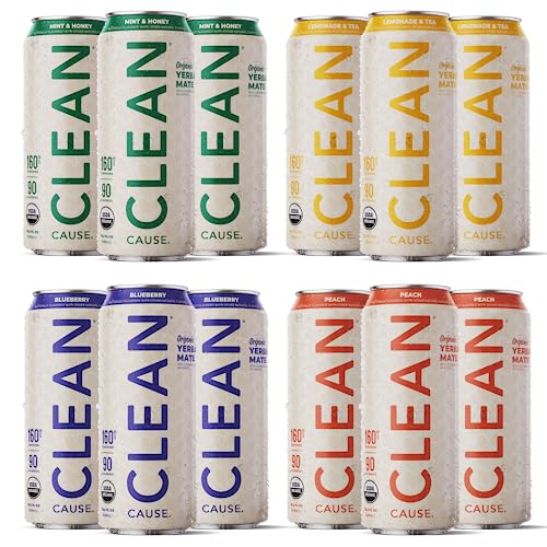 NEW! CLEAN Cause Organic Yerba Mate Tea Variety Pack (15.5oz cans, 12-Pack Case) Non-Carbonated, 160mg Caffeine USDA Org