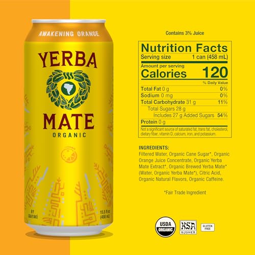 Yerba Madre Organic Yerba Mate Awakening Orange Energy Drink Alternative 15.5 Oz (Pack of 12) USDA Organic Better for Yo