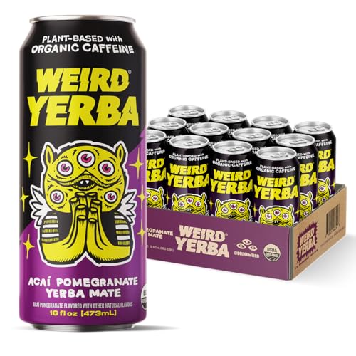 Drink Weird Organic Acai Pomegranate Yerba Mate - Antioxidant-Rich Energy Drink Alternative - 16oz Cans, Pack of 12 - 16