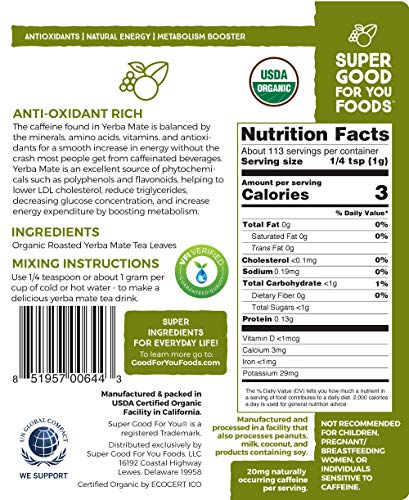 USDA Organic Yerba Mate Instant Tea Powder - Gluten-Free, Non-GMO, Vegan, No Sugar Added, Kosher, 16oz - Super Good For