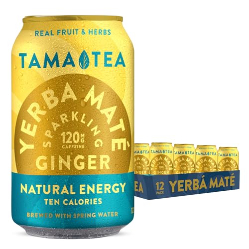 Tama Tea Sparkling Ginger Yerba Mate - Unsweetened Natural Energy Drink with Real Fruit & Herbs - Healthy Caffeine Drink