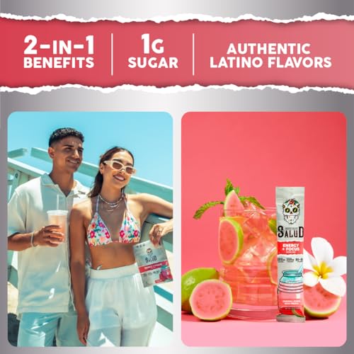 Salud 2-in-1 Energy Drink Powder for Focus and Energy + Guava, Organic Caffeine, B6 + B12, Theanine + Clean Non-GMO Glut