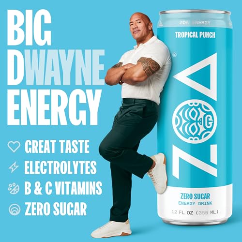 ZOA Zero Sugar Energy Drinks, Tropical Punch - Sugar Free with Electrolytes and Caffeine - Healthy for Fitness Enthusias