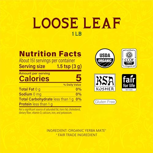 Guayaki Yerba Mate Organic Loose Leaf for Men and Women 16 oz USDA Organic Fair for Life Health Benefits