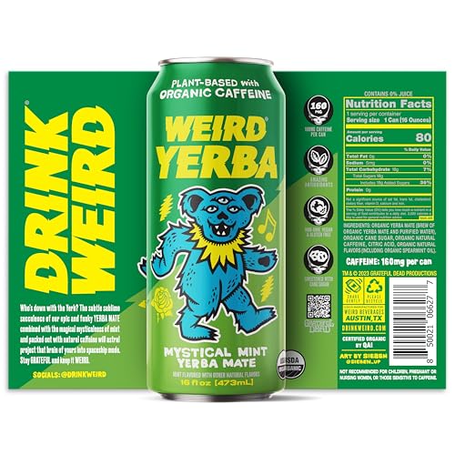 Grateful Dead Collab Weird Organic Mystical Mint Yerba Mate 16oz Cans, 160mg Organic Caffeine, Pack of 12, USDA Organic