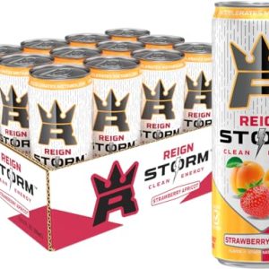 REIGN Storm Strawberry Apricot Fitness & Wellness Energy Drink for Athletes on the Go, 12 Fl Oz (Pack of 12) | REIGN St