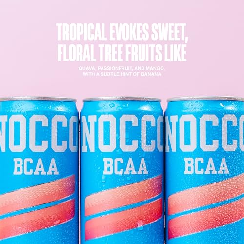 NOCCO BCAA Energy Drink Tropical Flavor - Sugar Free, 12 Fl Oz (Pack of 12) - 180mg Caffeine, Low Calorie, BCAAs & Vitam
