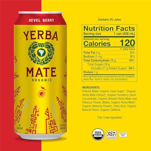 Guayakí Yerba Mate Organic Revel Berry Flavored Energy Drink, 15.5 Oz, 150mg Natural Caffeine, Smooth Energy & Focus