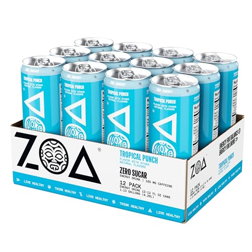 ZOA Zero Sugar Energy Drinks, Tropical Punch - Sugar Free with Electrolytes and Caffeine - Healthy for Fitness Enthusias